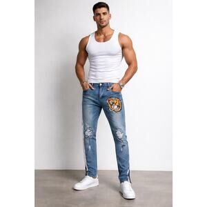 Damati Embroidered Tiger Design Denim Jeans Pocket size 36 straight leg